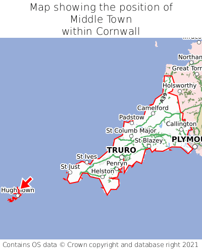 Map showing location of Middle Town within Cornwall