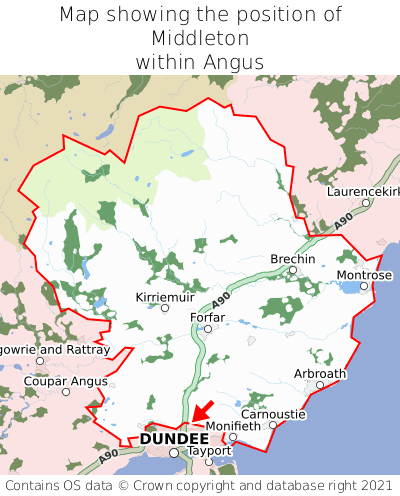 Map showing location of Middleton within Angus