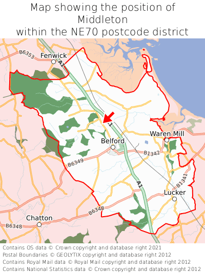 Map showing location of Middleton within NE70