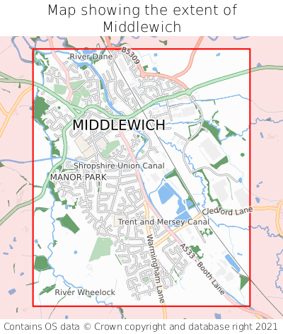 Map showing extent of Middlewich as bounding box