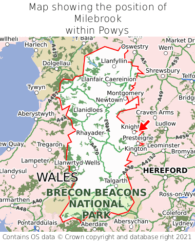 Map showing location of Milebrook within Powys
