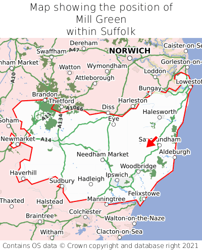 Map showing location of Mill Green within Suffolk