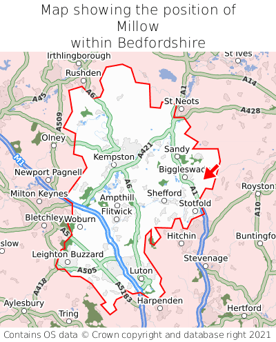 Map showing location of Millow within Bedfordshire