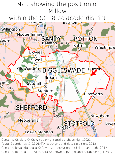 Map showing location of Millow within SG18