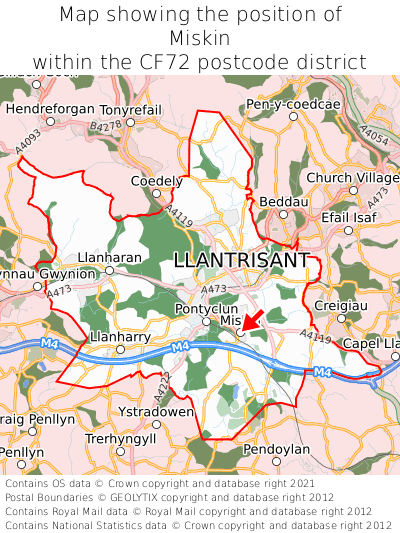 Map showing location of Miskin within CF72