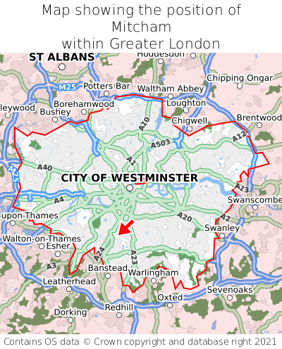 Map showing location of Mitcham within Greater London