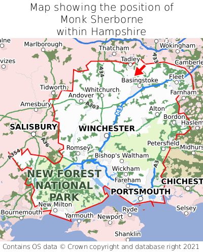 Map showing location of Monk Sherborne within Hampshire