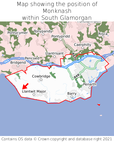 Map showing location of Monknash within South Glamorgan