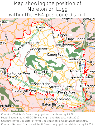 Map showing location of Moreton on Lugg within HR4