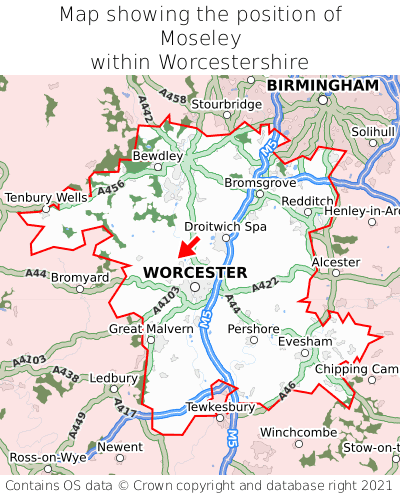 Map showing location of Moseley within Worcestershire