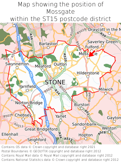 Map showing location of Mossgate within ST15