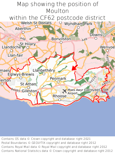 Map showing location of Moulton within CF62