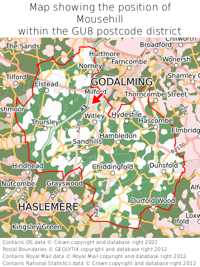 Map showing location of Mousehill within GU8