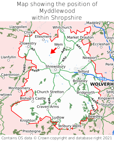 Map showing location of Myddlewood within Shropshire