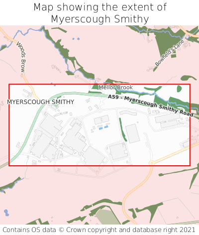 Map showing extent of Myerscough Smithy as bounding box