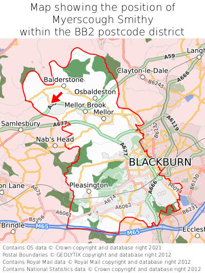 Map showing location of Myerscough Smithy within BB2