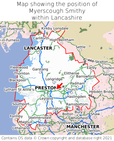 Map showing location of Myerscough Smithy within Lancashire