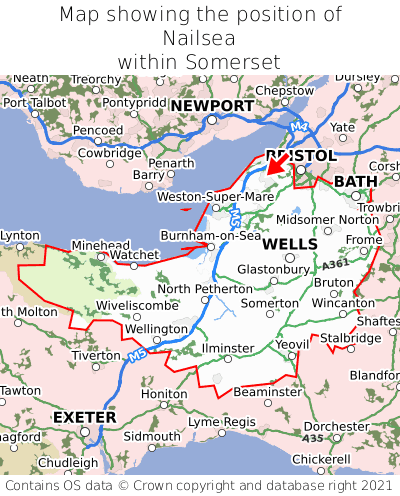 Map showing location of Nailsea within Somerset