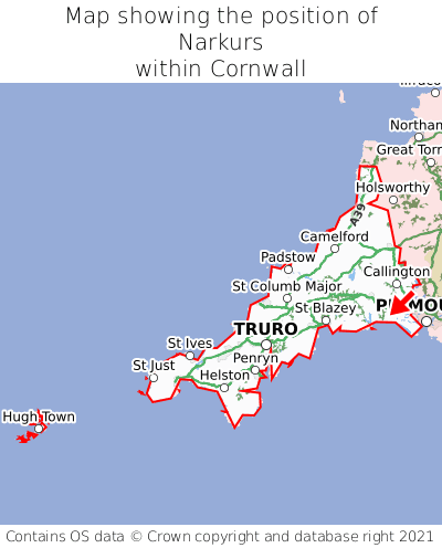 Map showing location of Narkurs within Cornwall