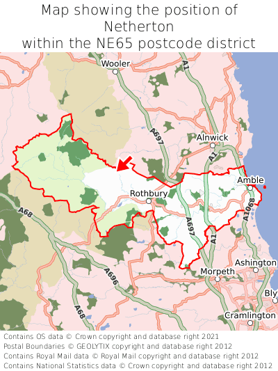 Map showing location of Netherton within NE65