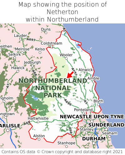 Map showing location of Netherton within Northumberland