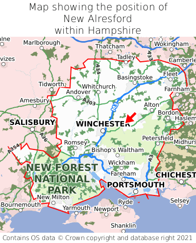 Map showing location of New Alresford within Hampshire