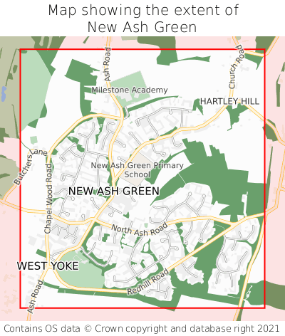 Map showing extent of New Ash Green as bounding box