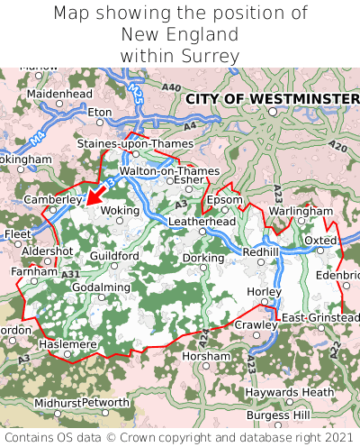 Map showing location of New England within Surrey