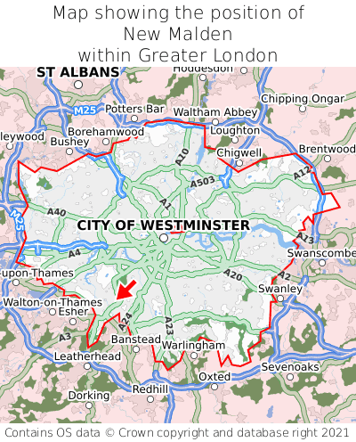 Map showing location of New Malden within Greater London