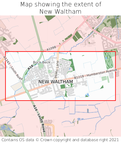 Map showing extent of New Waltham as bounding box