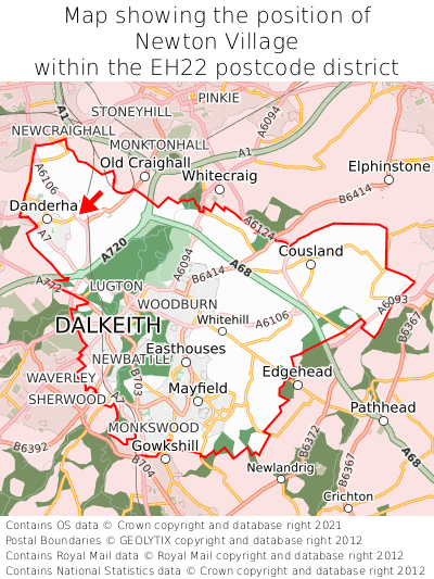 Map showing location of Newton Village within EH22