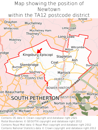 Map showing location of Newtown within TA12