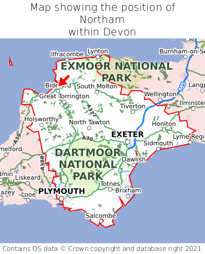 Map showing location of Northam within Devon