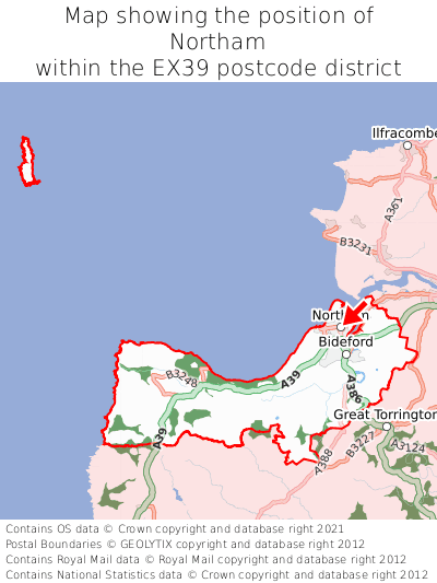 Map showing location of Northam within EX39