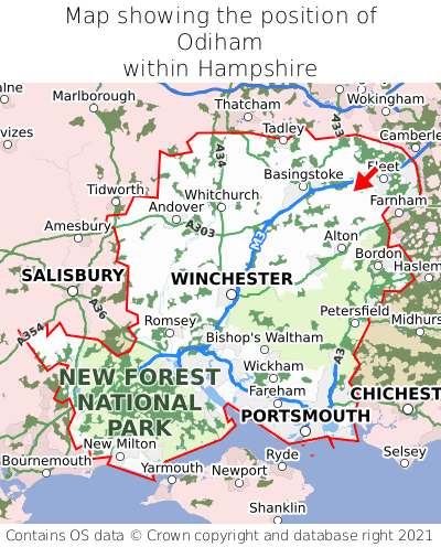 Map showing location of Odiham within Hampshire