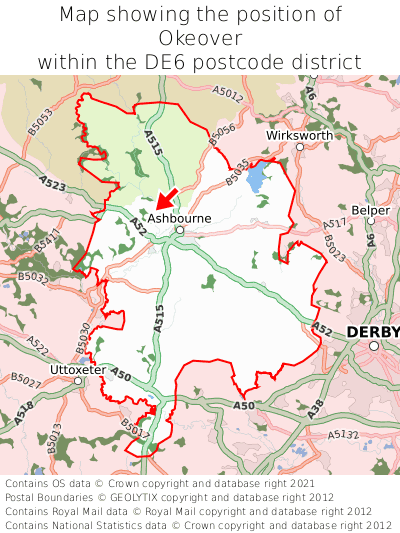 Map showing location of Okeover within DE6