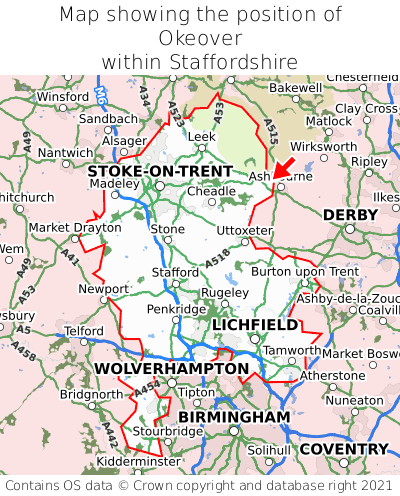 Map showing location of Okeover within Staffordshire