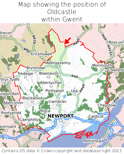 Map showing location of Oldcastle within Gwent