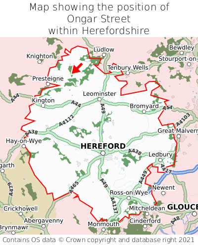 Map showing location of Ongar Street within Herefordshire