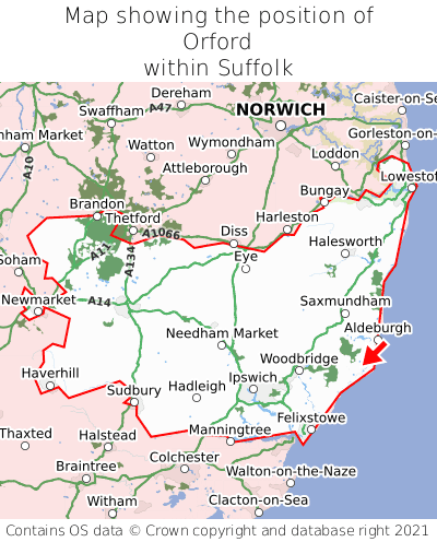Map showing location of Orford within Suffolk