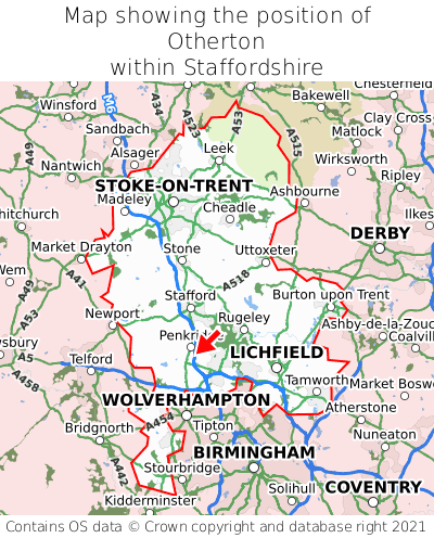 Map showing location of Otherton within Staffordshire