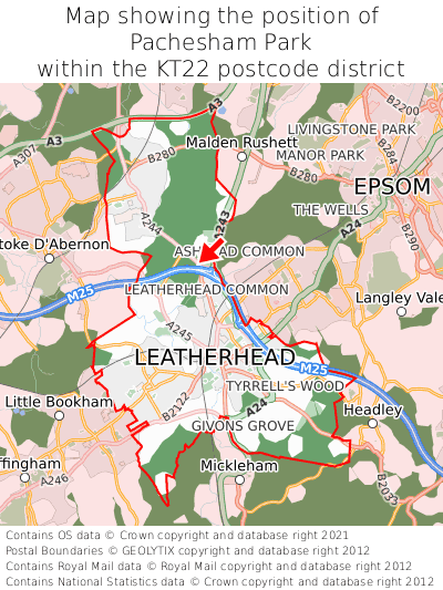 Map showing location of Pachesham Park within KT22