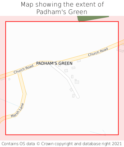 Map showing extent of Padham's Green as bounding box