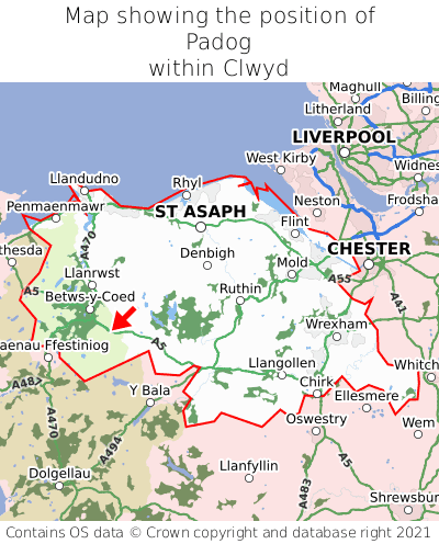 Map showing location of Padog within Clwyd