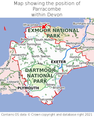 Map showing location of Parracombe within Devon