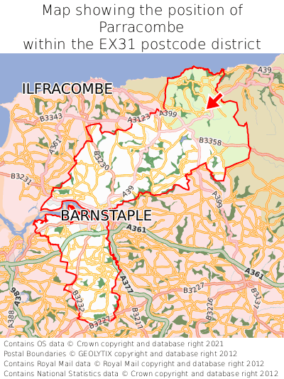 Map showing location of Parracombe within EX31