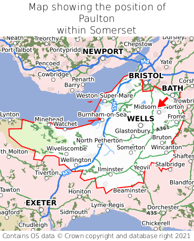 Map showing location of Paulton within Somerset