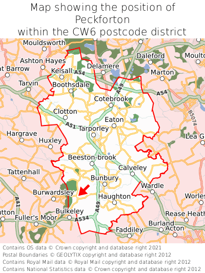 Map showing location of Peckforton within CW6
