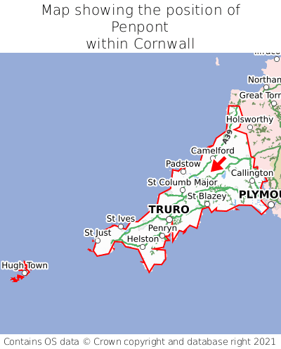 Map showing location of Penpont within Cornwall