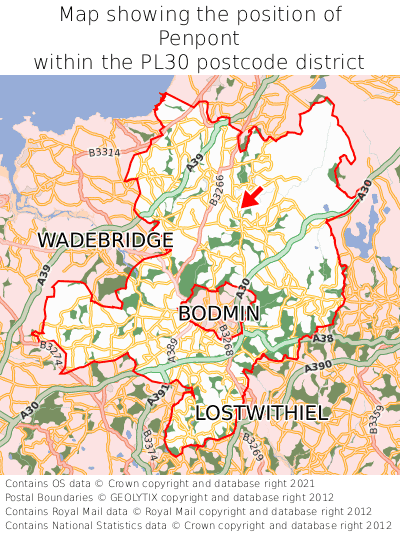 Map showing location of Penpont within PL30